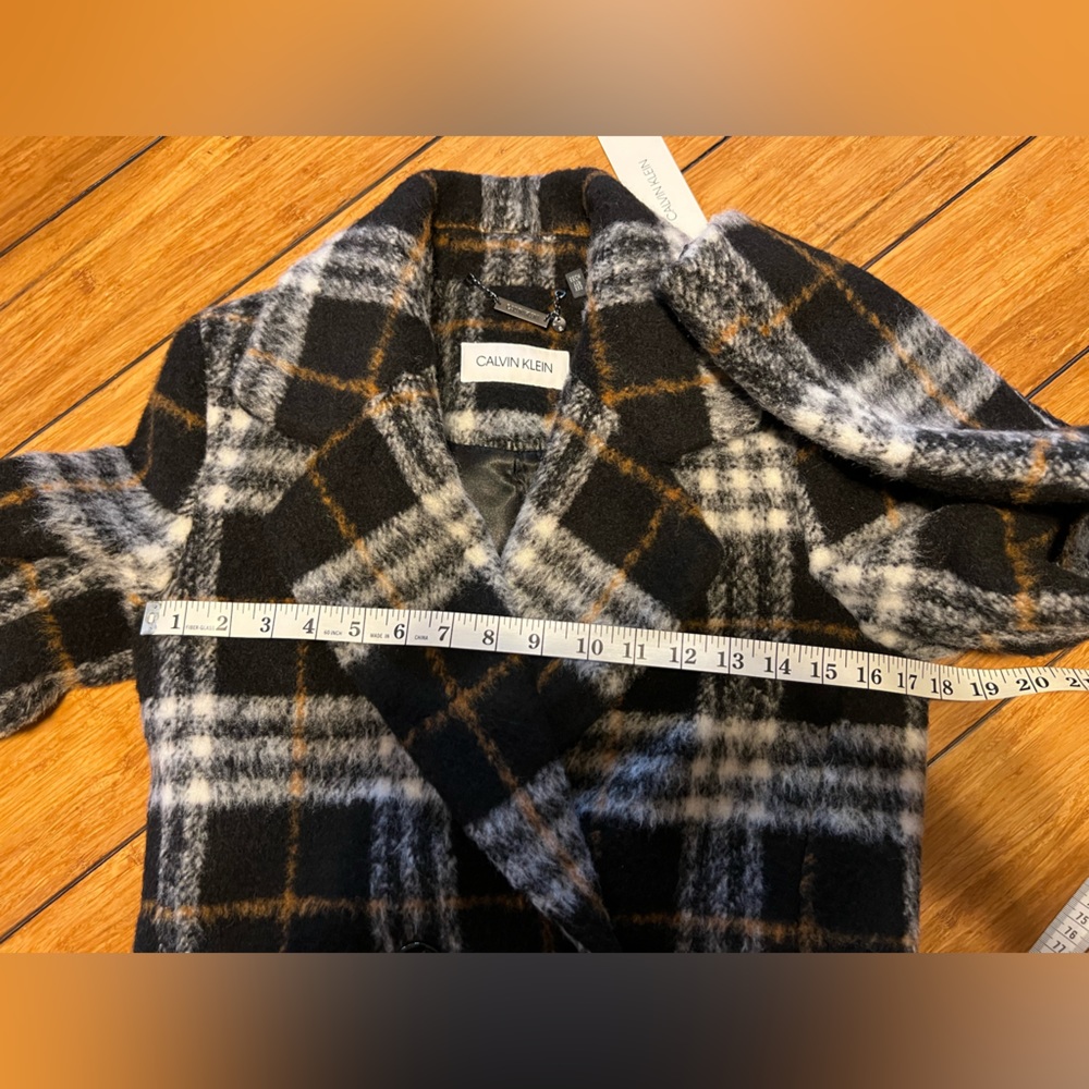 NWT Calvin Klein Plaid Faux-Leather-Pocket Walker Coat Wool Blend Black XXS - Picture 15 of 16